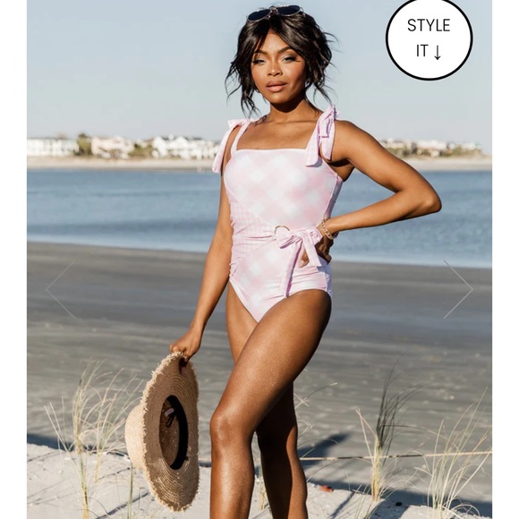 COOL BY THE POOL LIGHT PINK GINGHAM WRAP ONE PIECE SWIMSUIT - Picture 1 of 8
